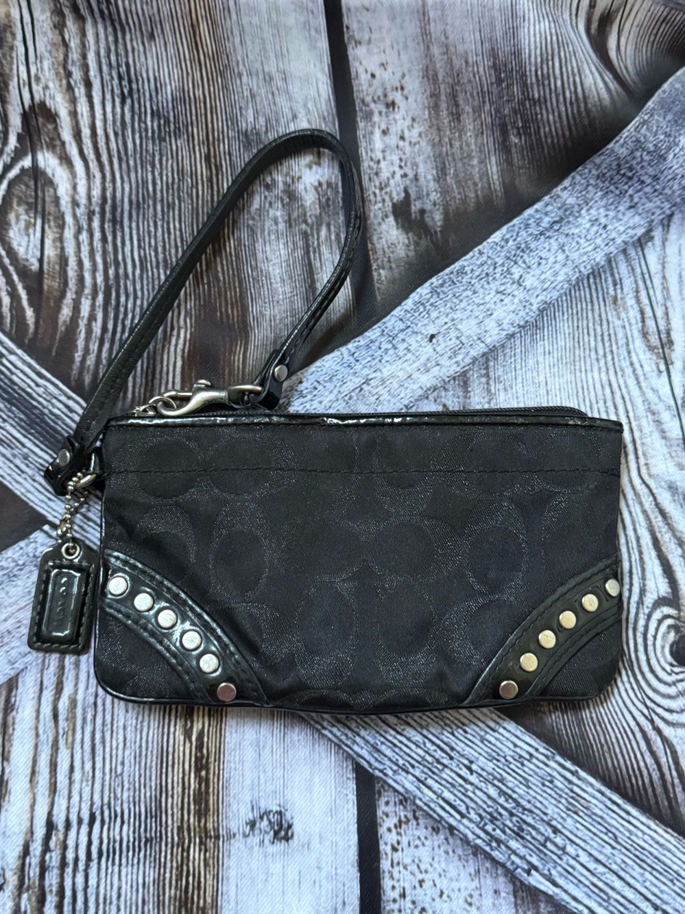 Coach Black Lurex Signature & Patent Leather Clutch Purse